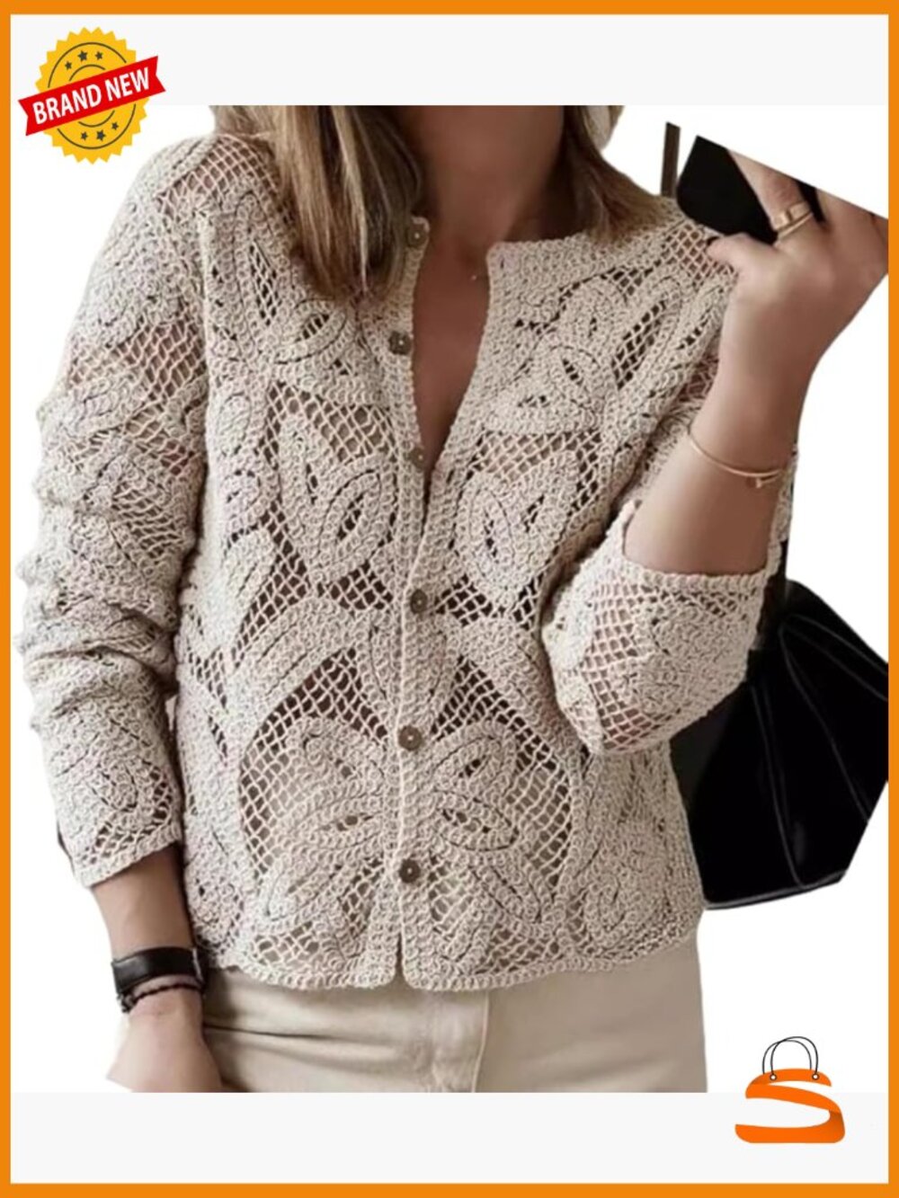 Crochet Button Up Sweater Cute Beach Vacation Long Sleeve Cardigan